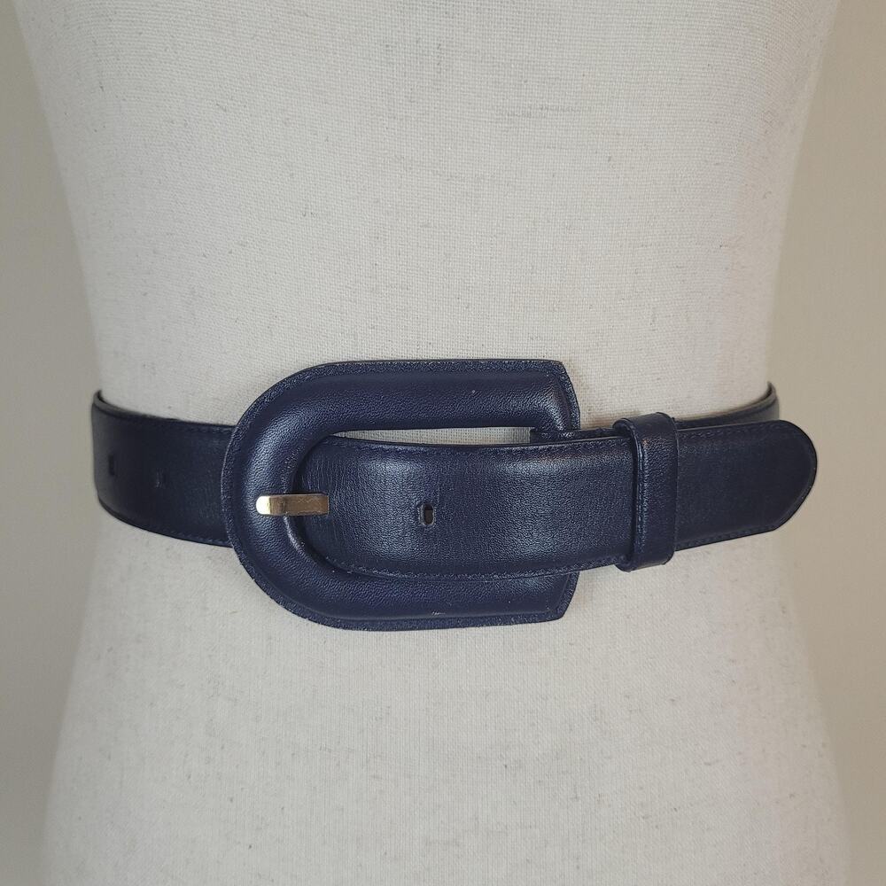 VTG Liz Claiborne Belt Small Navy Blue Leather Sculptural Buckle Dress 80s 90s